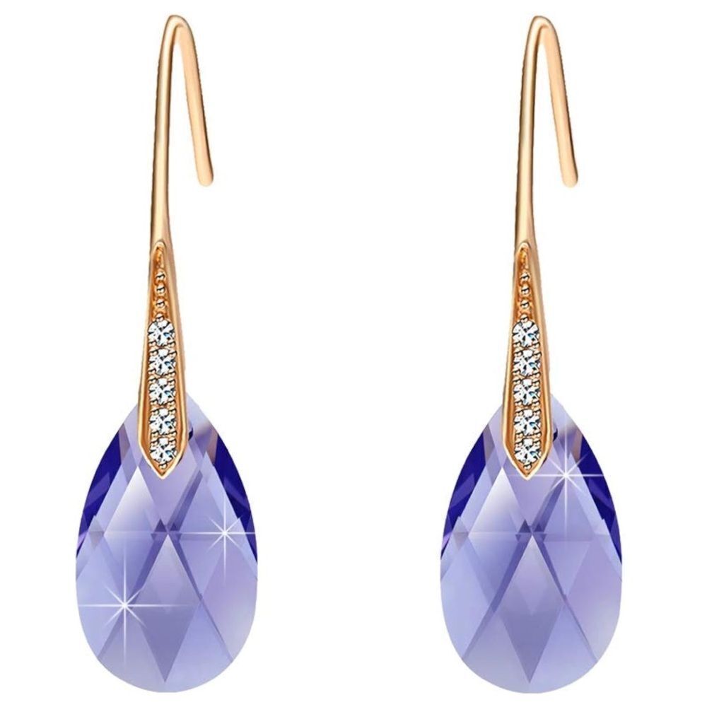 14K Yellow Gold with Purple Tanzanite Austrian Crystal Teardrop Hook Earrings